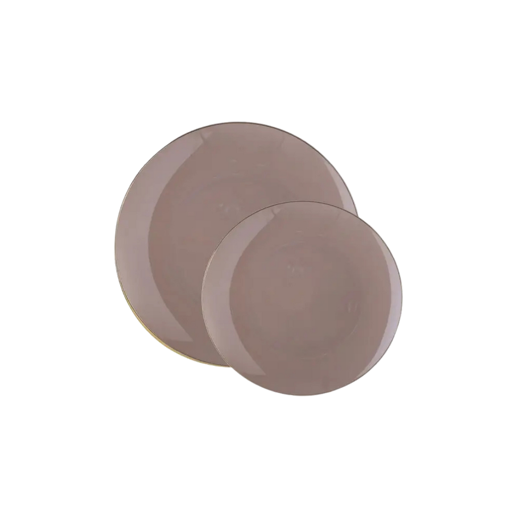 Taupe gold plastic dinner plates with round shape modern look from Parte Haus party supply store in Bethesda MD