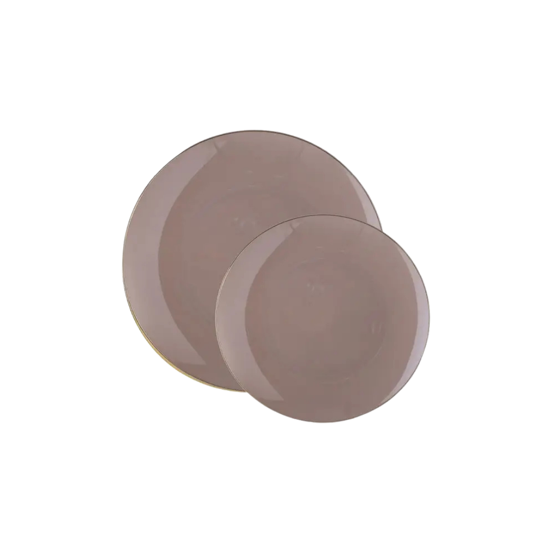 Taupe gold plastic dinner plates with round shape modern look from Parte Haus party supply store in Bethesda MD