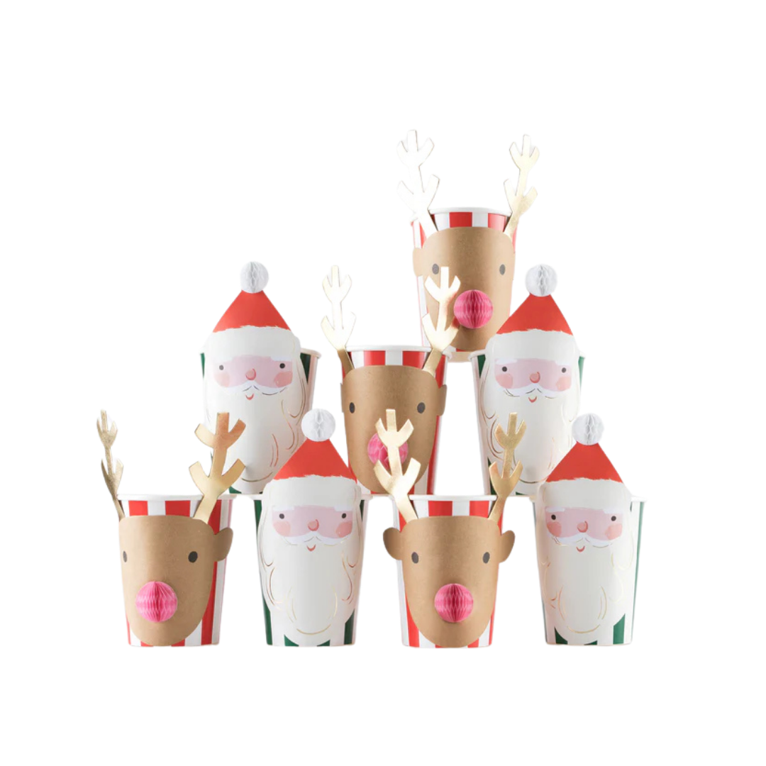 Red and brown Christmas Santa and reindeer decorative cups Christmas theme from Parte Haus party supply store in Bethesda Maryland