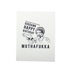 White birthday card with cartoon man holding a gun and bold text from Parte Haus party supply store in Bethesda MD