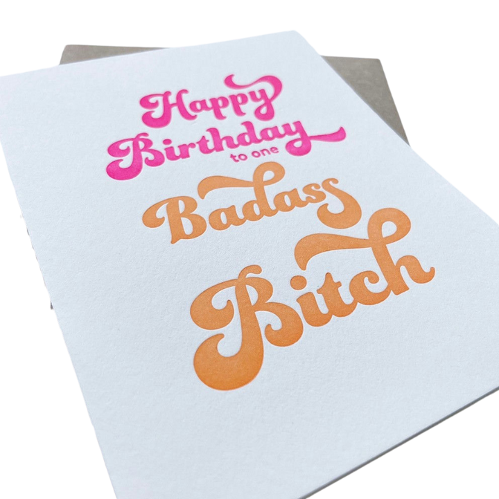 Pink and orange birthday card with bold fun text for birthday from Parte Haus party supply store in Bethesda MD.