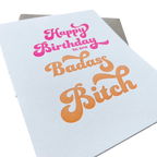 Pink and orange birthday card with bold fun text for birthday from Parte Haus party supply store in Bethesda MD.