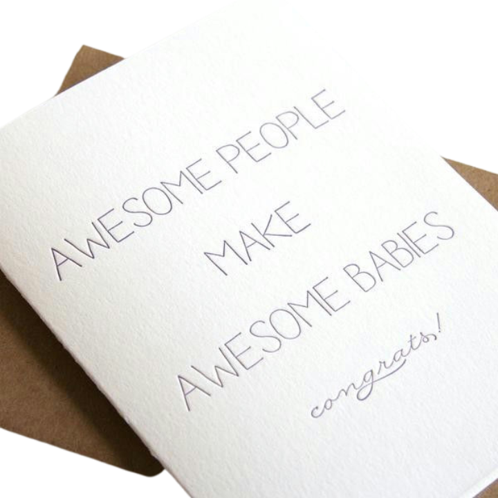 White congratulations card with awesome people make awesome babies message baby shower theme from Parte Haus party supply store in Bethesda MD