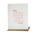Pink and white thank you mom greeting card for Mother's Day from Parte Haus party supply store in Bethesda MD