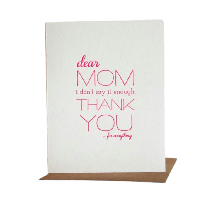 Pink and white thank you mom greeting card for Mother's Day from Parte Haus party supply store in Bethesda MD
