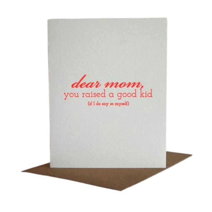 White and brown Mother’s Day card with red text for mom from Parte Haus party supply store in Bethesda MD.