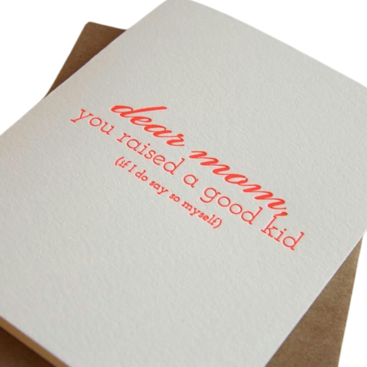 White and red Mother's Day card with dear mom text from Parte Haus party supply store in Bethesda MD