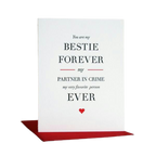White and red greeting card with bestie forever message for friendship from Parte Haus party supply store in Bethesda Maryland