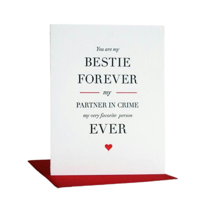 White and red greeting card with bestie forever message for friendship from Parte Haus party supply store in Bethesda Maryland
