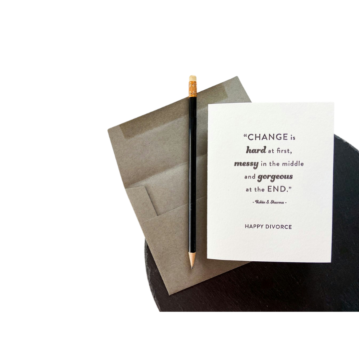 White happy divorce greeting card with black pencil and brown envelope from Parte Haus party supply store in Bethesda Maryland