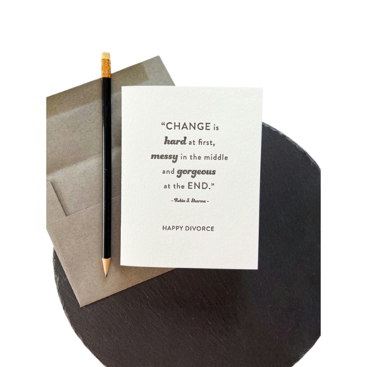 White happy divorce greeting card with black pencil and brown envelope from Parte Haus party supply store in Bethesda MD