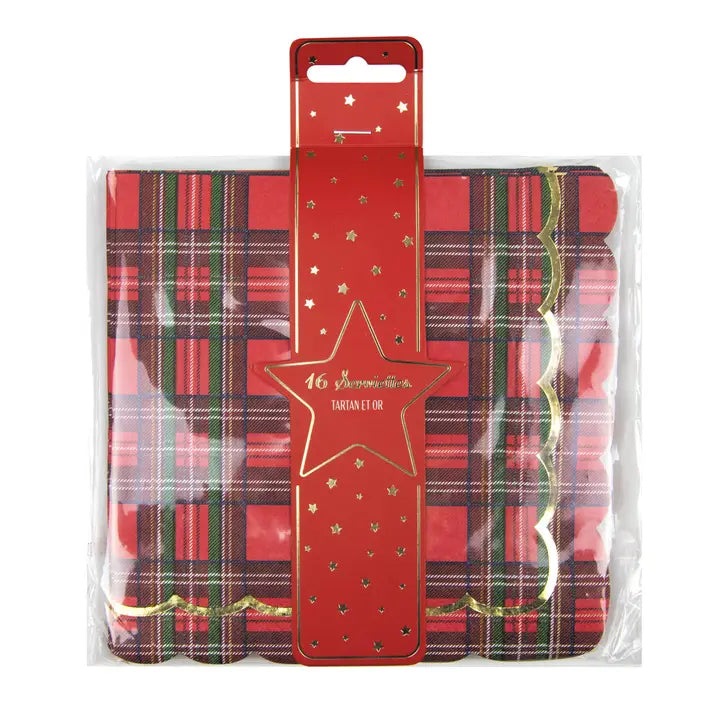Red and gold tartan scalloped napkins Christmas theme from Parte Haus party supply store in Bethesda Maryland