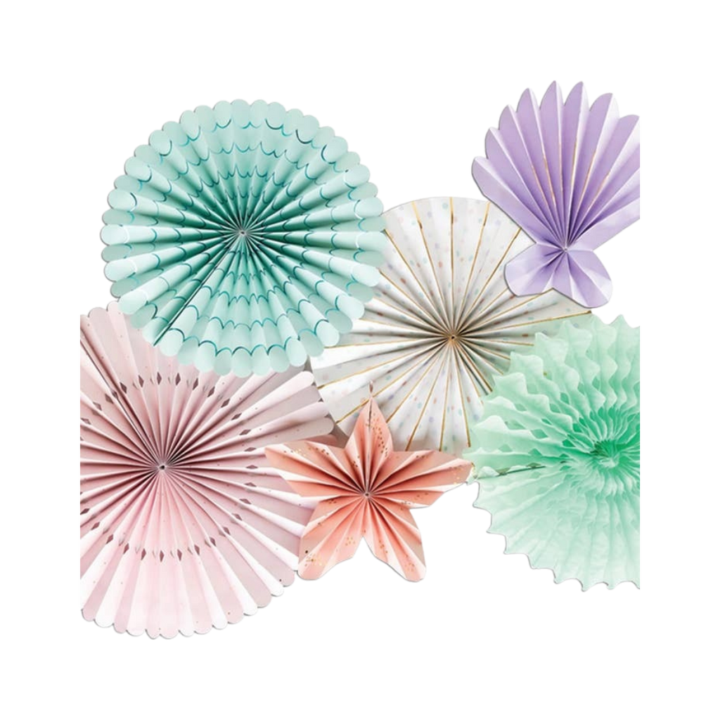 Pastel under the sea fan set with shell floral and round paper fans sea theme from Parte Haus party supply store in Bethesda MD