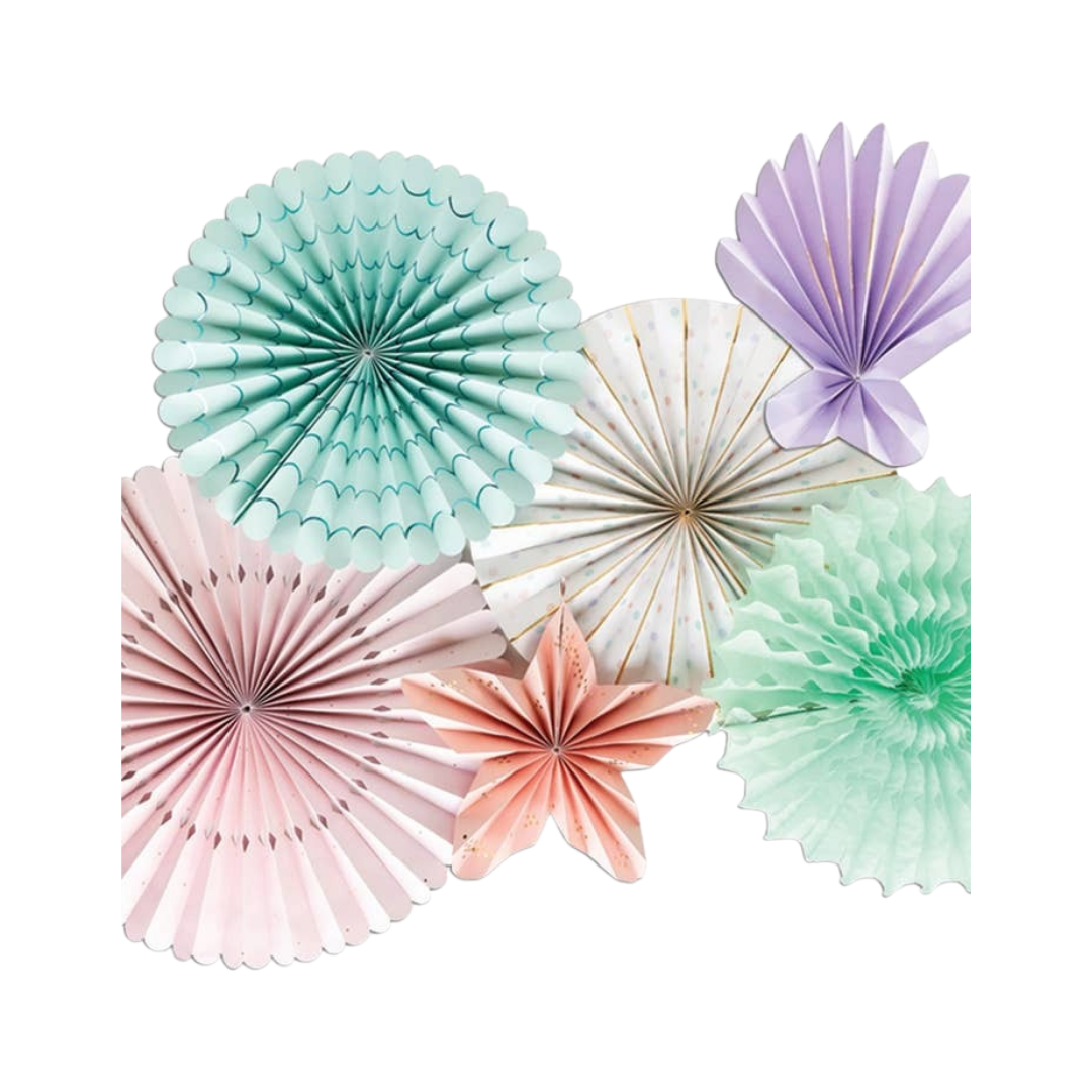 Pastel under the sea fan set with shell floral and round paper fans sea theme from Parte Haus party supply store in Bethesda MD