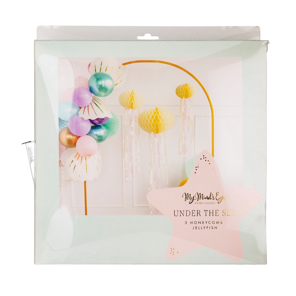 Yellow honeycomb jellyfish decorations ocean themed decor from Parte Haus party supply store in Bethesda Maryland