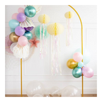 Pastel and gold balloon arch with honeycomb lanterns for birthday theme from Parte Haus party supply store in Bethesda Maryland