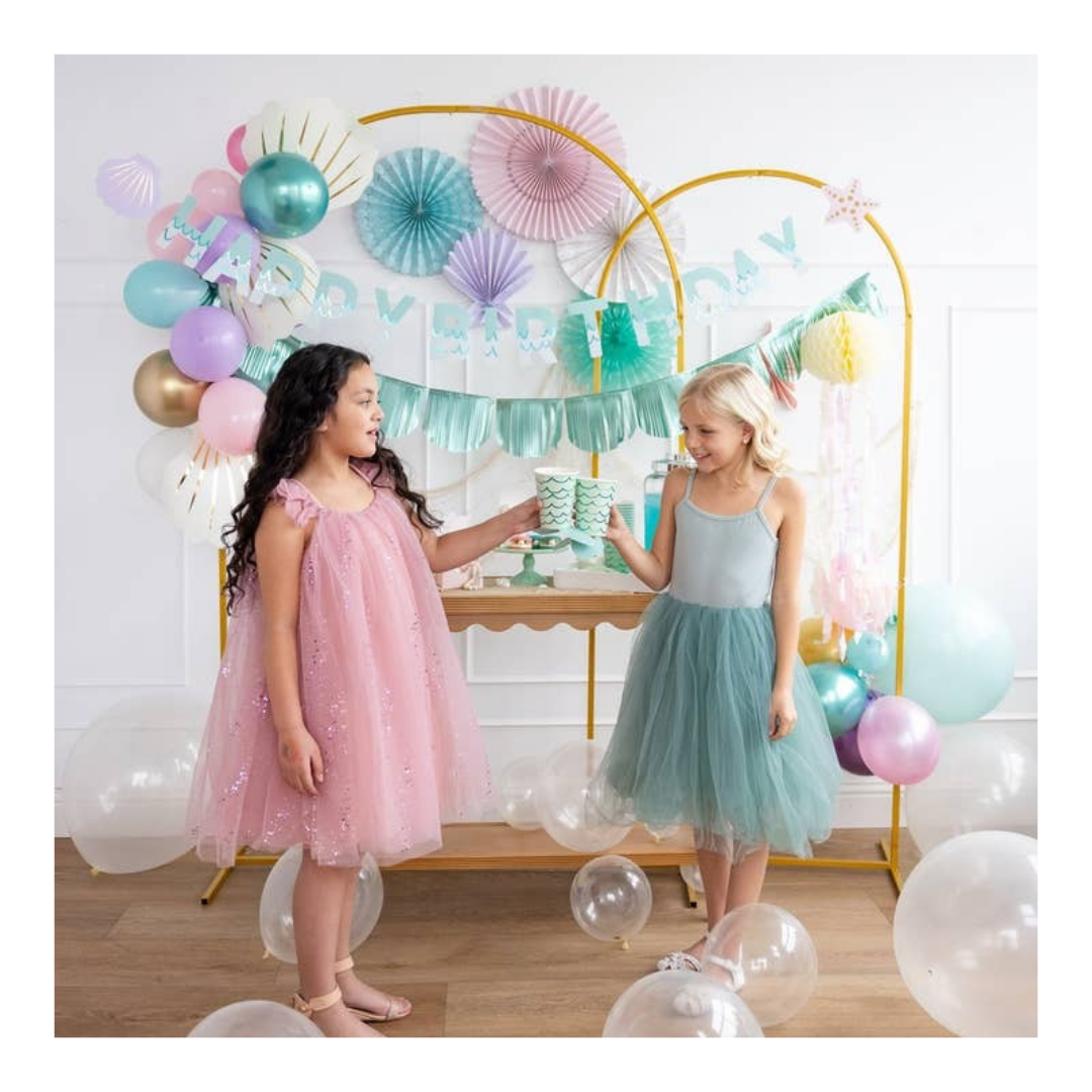 Pastel blue and pink birthday decorations with balloons and happy birthday banner for kids from Parte Haus party supply store in Bethesda Maryland