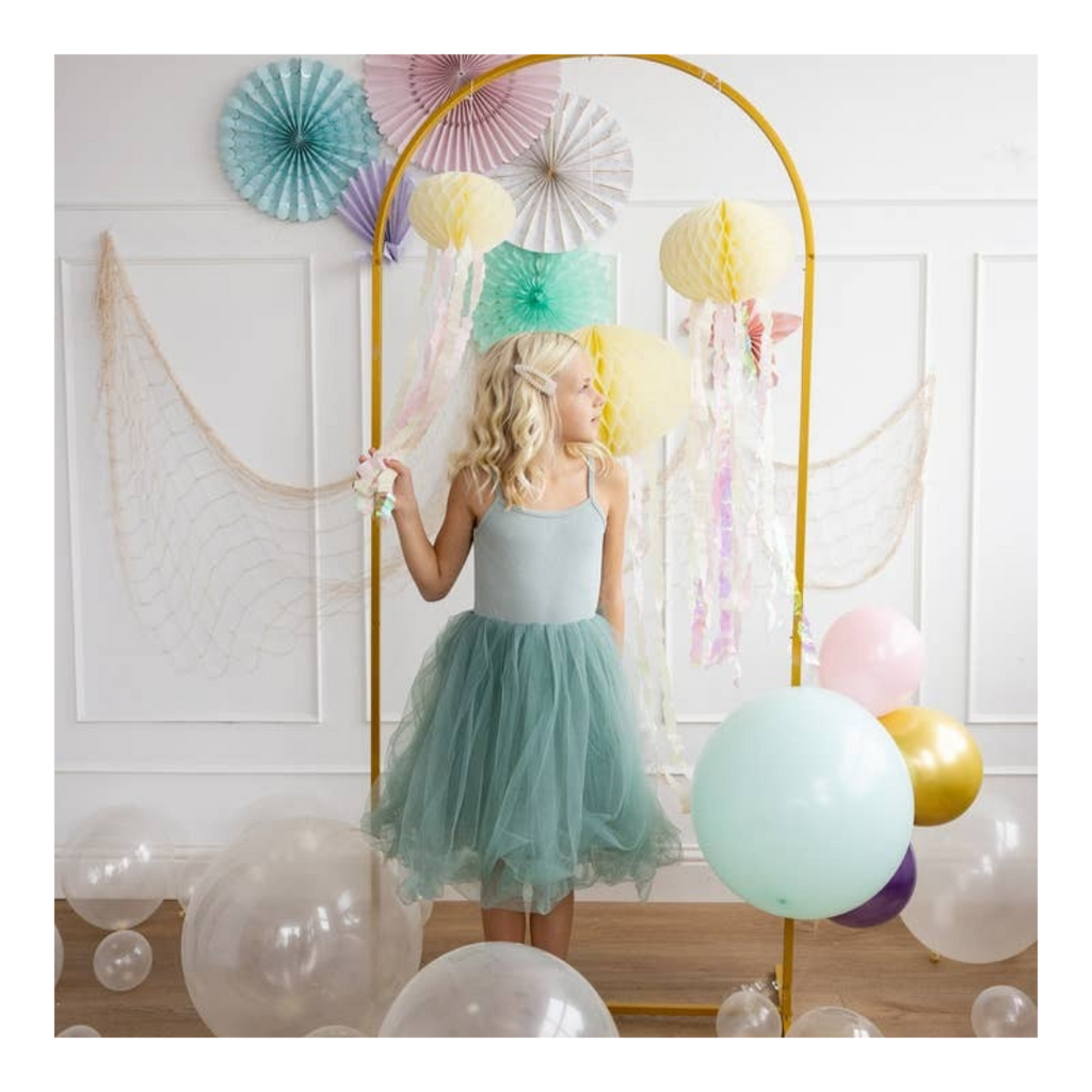 Blue dress girl pastel balloon arch mermaid birthday decor from Parte Haus party supply store in Bethesda Maryland