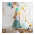 Blue dress girl pastel balloon arch mermaid birthday decor from Parte Haus party supply store in Bethesda Maryland