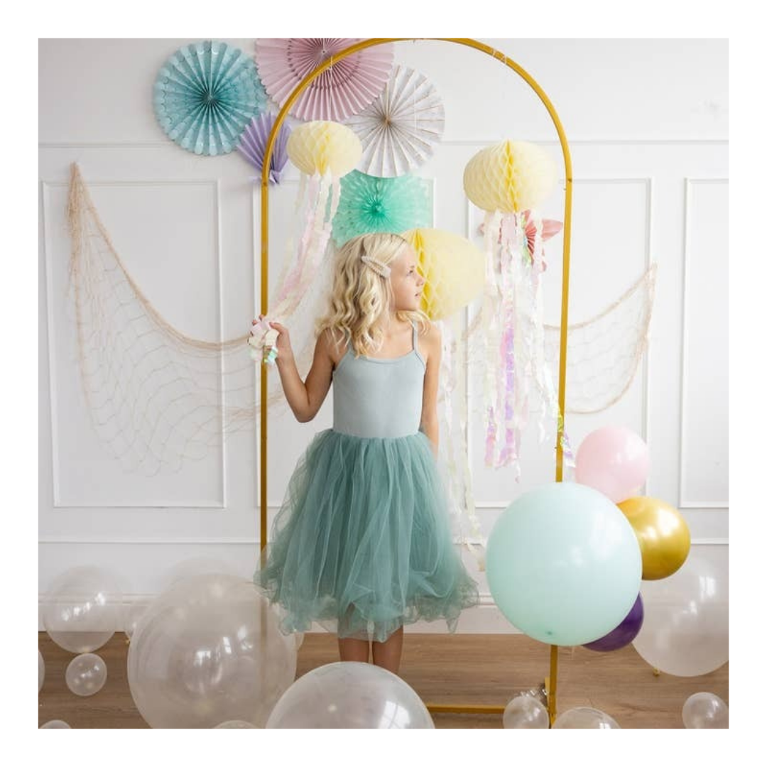 Blue dress girl pastel balloon arch mermaid birthday decor from Parte Haus party supply store in Bethesda Maryland