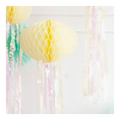 Yellow lantern honeycomb hanging decoration with pastel streamers birthday theme from Parte Haus party supply store in Bethesda MD.
