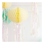 Yellow lantern honeycomb hanging decoration with pastel streamers birthday theme from Parte Haus party supply store in Bethesda MD.