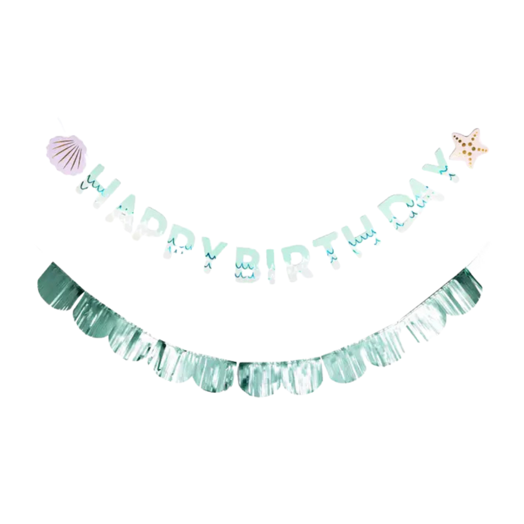 Aqua blue birthday banner with seashell and starfish nautical theme from Parte Haus party supply store in Bethesda MD