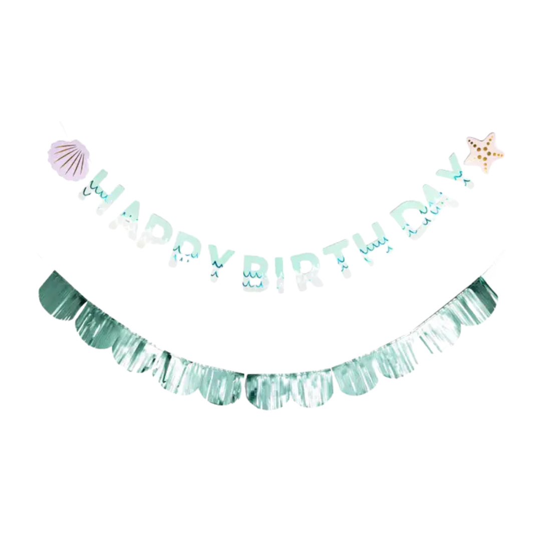 Aqua blue birthday banner with seashell and starfish nautical theme from Parte Haus party supply store in Bethesda MD