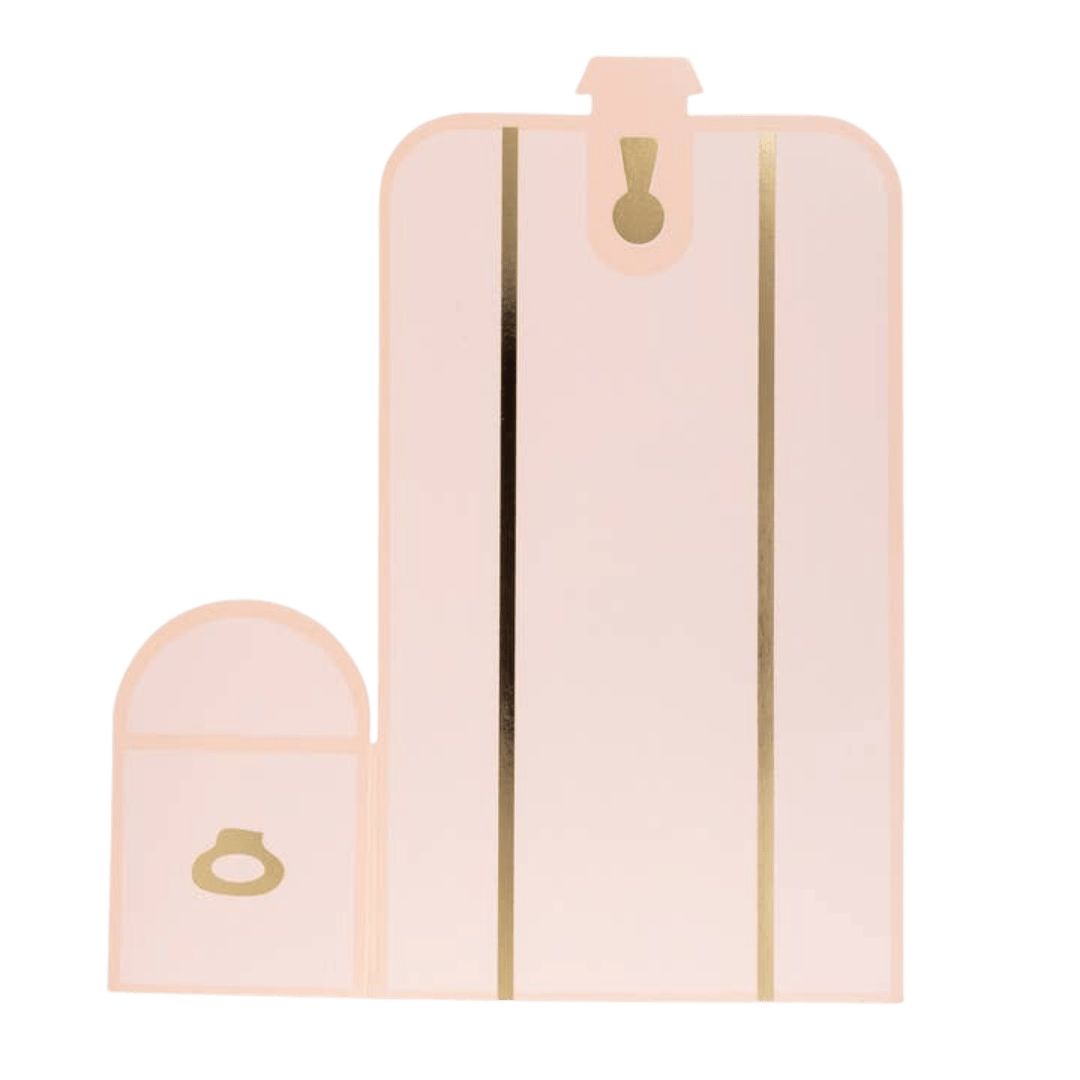 Pink suitcase shaped invitation card with gold foil for travel theme from Parte Haus party supply store in Bethesda Maryland
