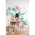 Aqua and pink balloon garland mermaid birthday decor with two girls celebrating from Parte Haus party supply store in Bethesda Maryland