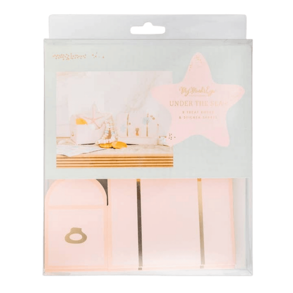 Pink treat boxes with gold details under the sea birthday theme from Parte Haus party supply store in Bethesda Maryland