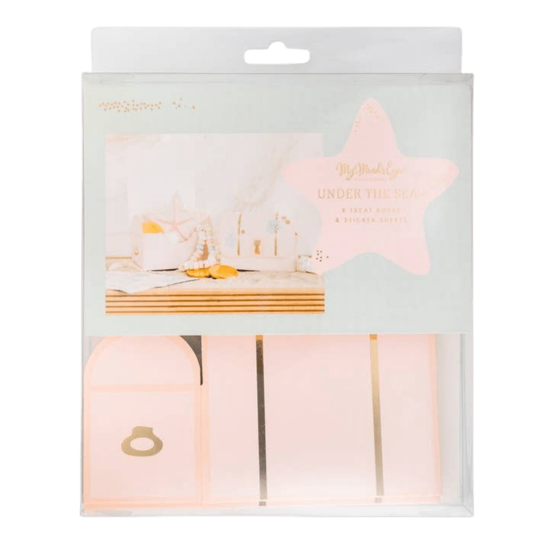 Pink treat boxes with gold details under the sea birthday theme from Parte Haus party supply store in Bethesda Maryland
