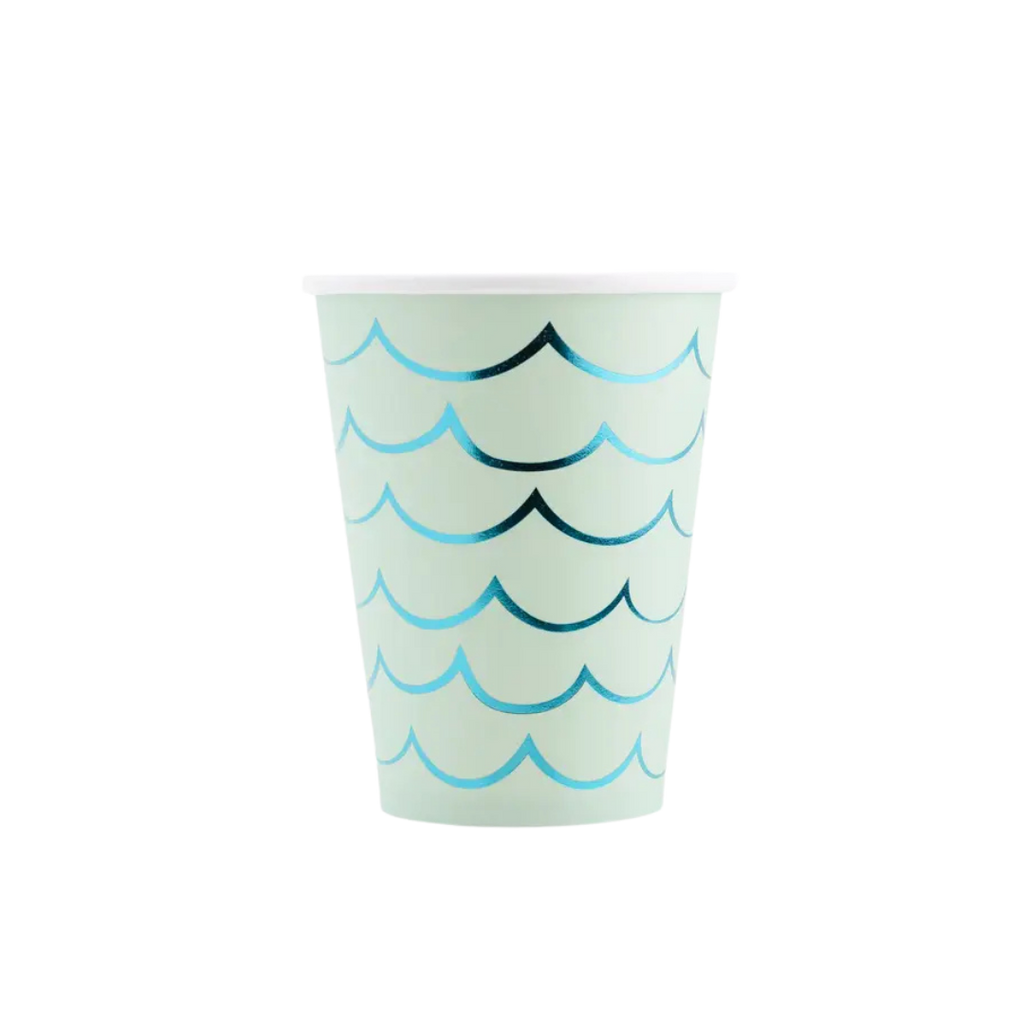 Aqua blue mermaid tail paper cup with wave pattern for under the sea theme from Parte Haus party supply store in Bethesda MD