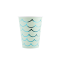 Aqua blue mermaid tail paper cup with wave pattern for under the sea theme from Parte Haus party supply store in Bethesda MD