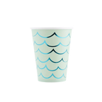 Aqua blue mermaid tail paper cup with wave pattern for under the sea theme from Parte Haus party supply store in Bethesda MD