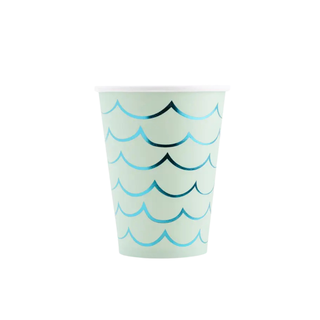 Aqua blue mermaid tail paper cup with wave pattern for under the sea theme from Parte Haus party supply store in Bethesda MD