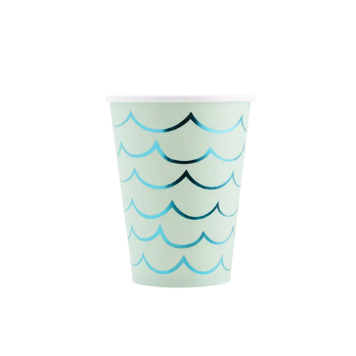 Aqua blue mermaid tail paper cup with wave pattern for under the sea theme from Parte Haus party supply store in Bethesda MD