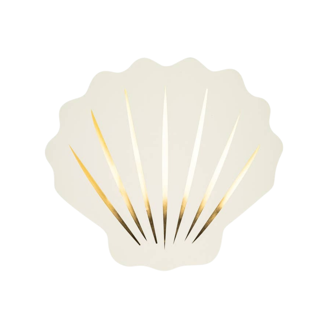 White and gold seashell shaped plate for under the sea birthday from Parte Haus party supply store in Bethesda Maryland