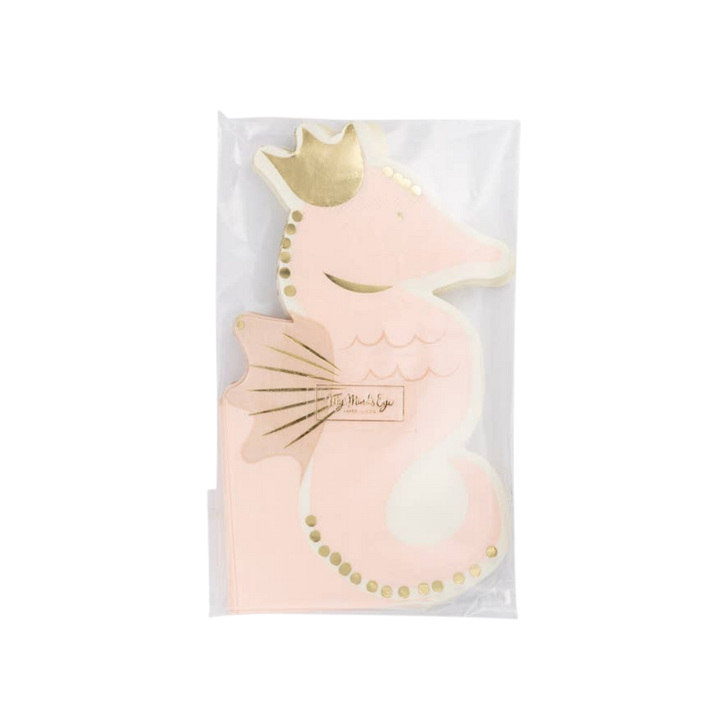 Pink seahorse napkins with gold crown under the sea theme from Parte Haus party supply store in Bethesda MD