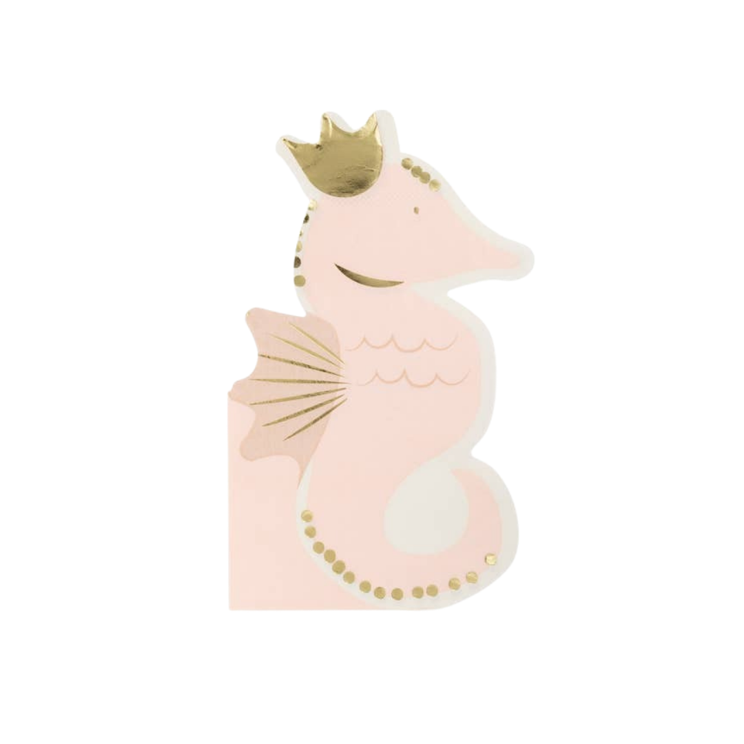 Pink seahorse napkin with gold crown under the sea birthday from Parte Haus party supply store in Bethesda MD