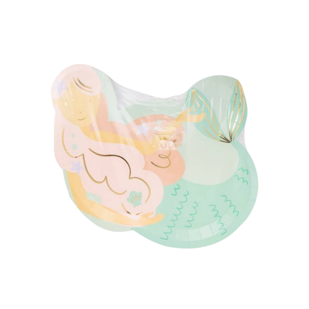 Pastel mermaid shaped paper plate with whimsical illustration for mermaid birthday party from Parte Haus party supply store in Bethesda MD