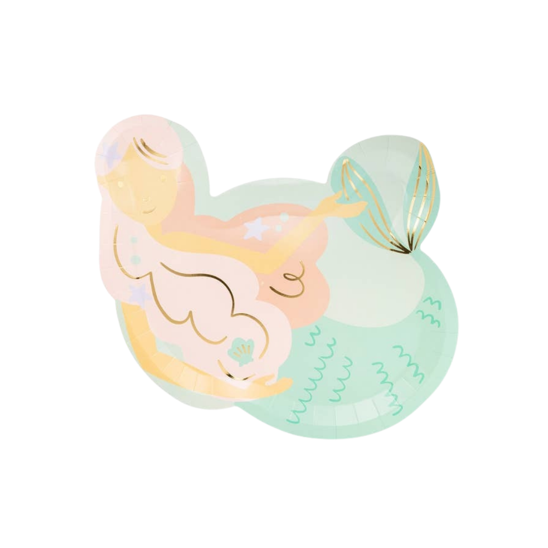 Pastel mermaid shaped plate with gold accents under the sea birthday from Parte Haus party supply store in Bethesda MD.