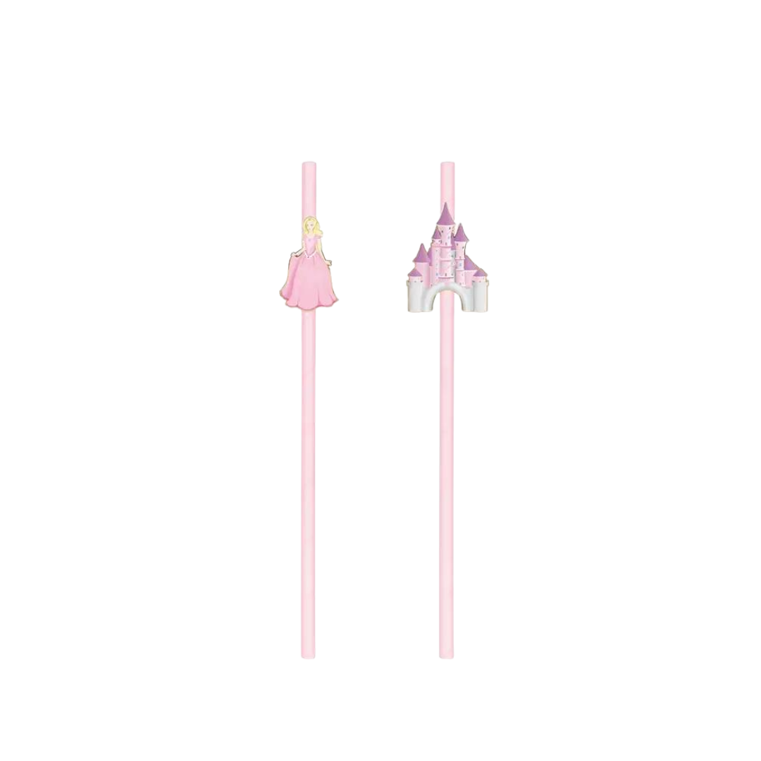 Pink princess straws with princess and castle toppers birthday theme from Parte Haus party supply store in Bethesda MD