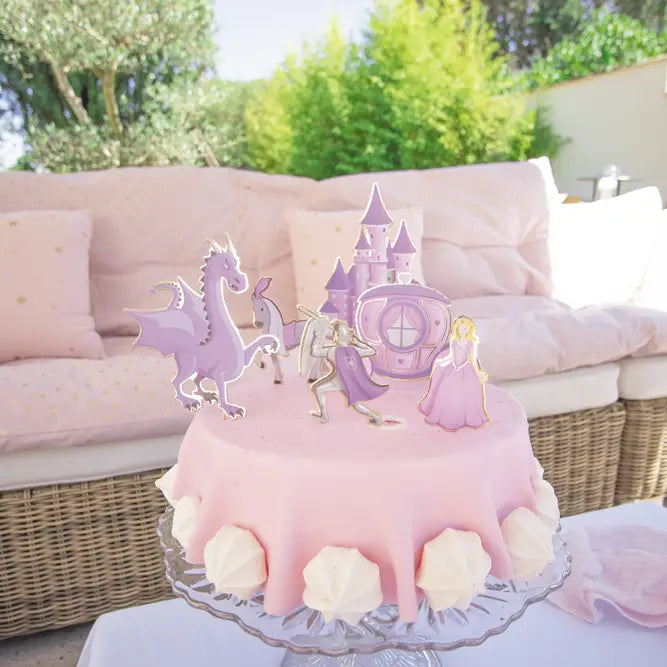 Pink princess cake decorations with castle dragon and princess fairytale birthday from Parte Haus party supply store in Bethesda Maryland