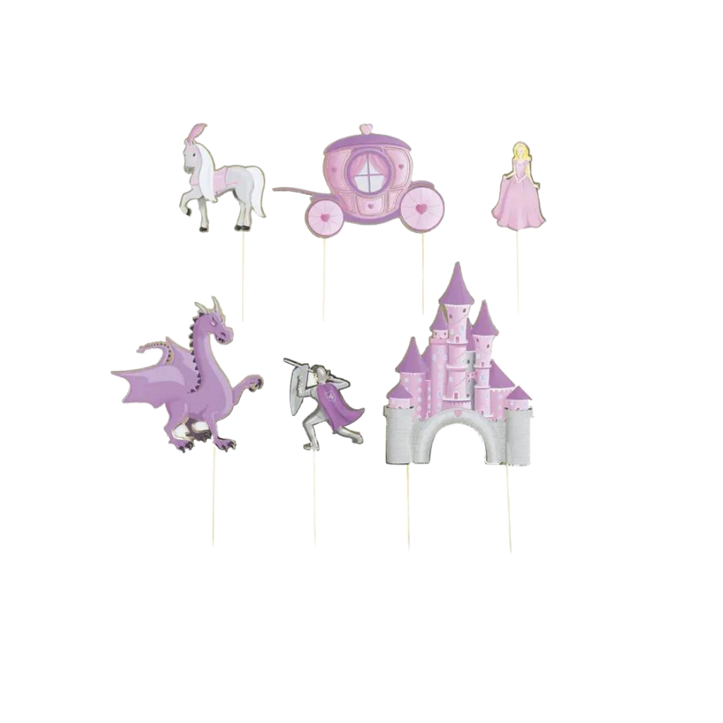 Pink princess cake topper set with castle and fairytale figures for birthday from Parte Haus party supply store in Bethesda MD
