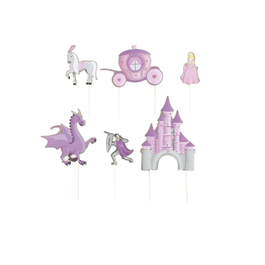 Pink princess cake topper set with castle and fairytale figures for birthday from Parte Haus party supply store in Bethesda MD