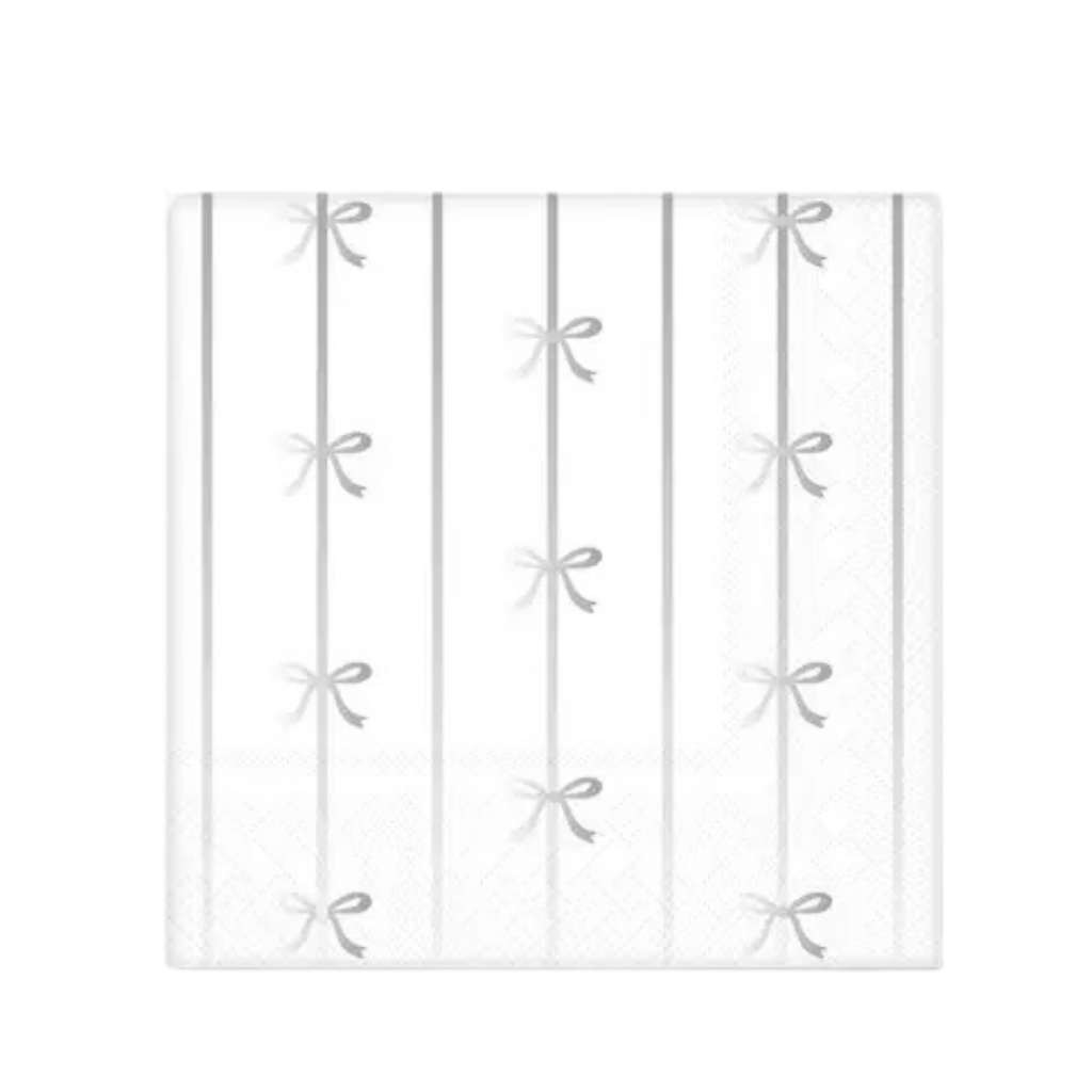 Silver signature bow small napkins with bow pattern for elegant celebrations from Parte Haus party supply store in Bethesda MD