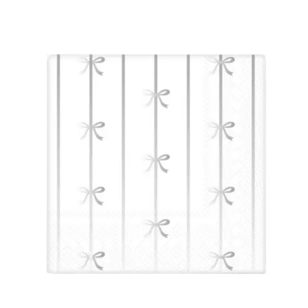 Silver signature bow small napkins with bow pattern for elegant celebrations from Parte Haus party supply store in Bethesda MD