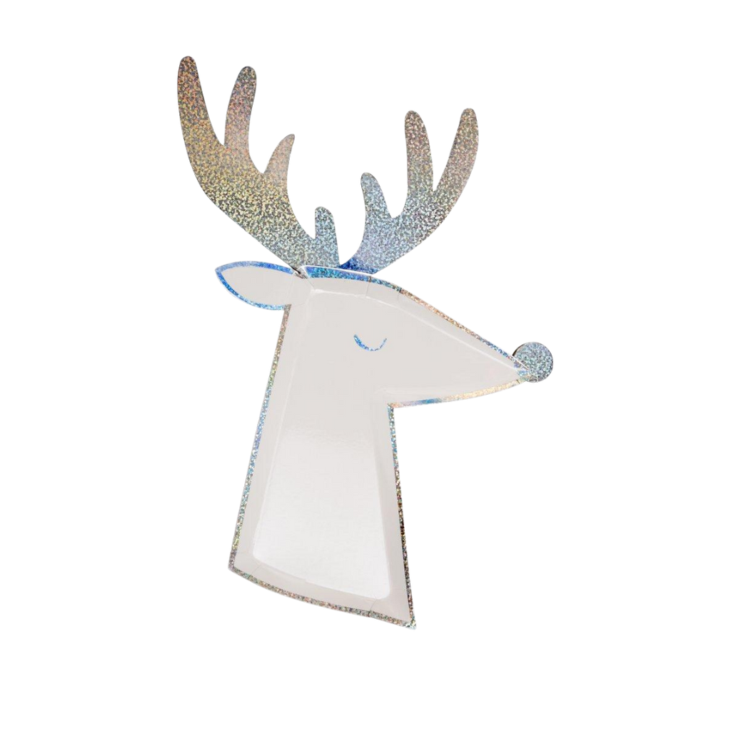 Silver reindeer shaped plate with sparkling antlers Christmas theme from Parte Haus party supply store in Bethesda MD