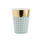 Blue gingham paper cup with gold scallop rim birthday from Parte Haus party supply store in Bethesda Maryland